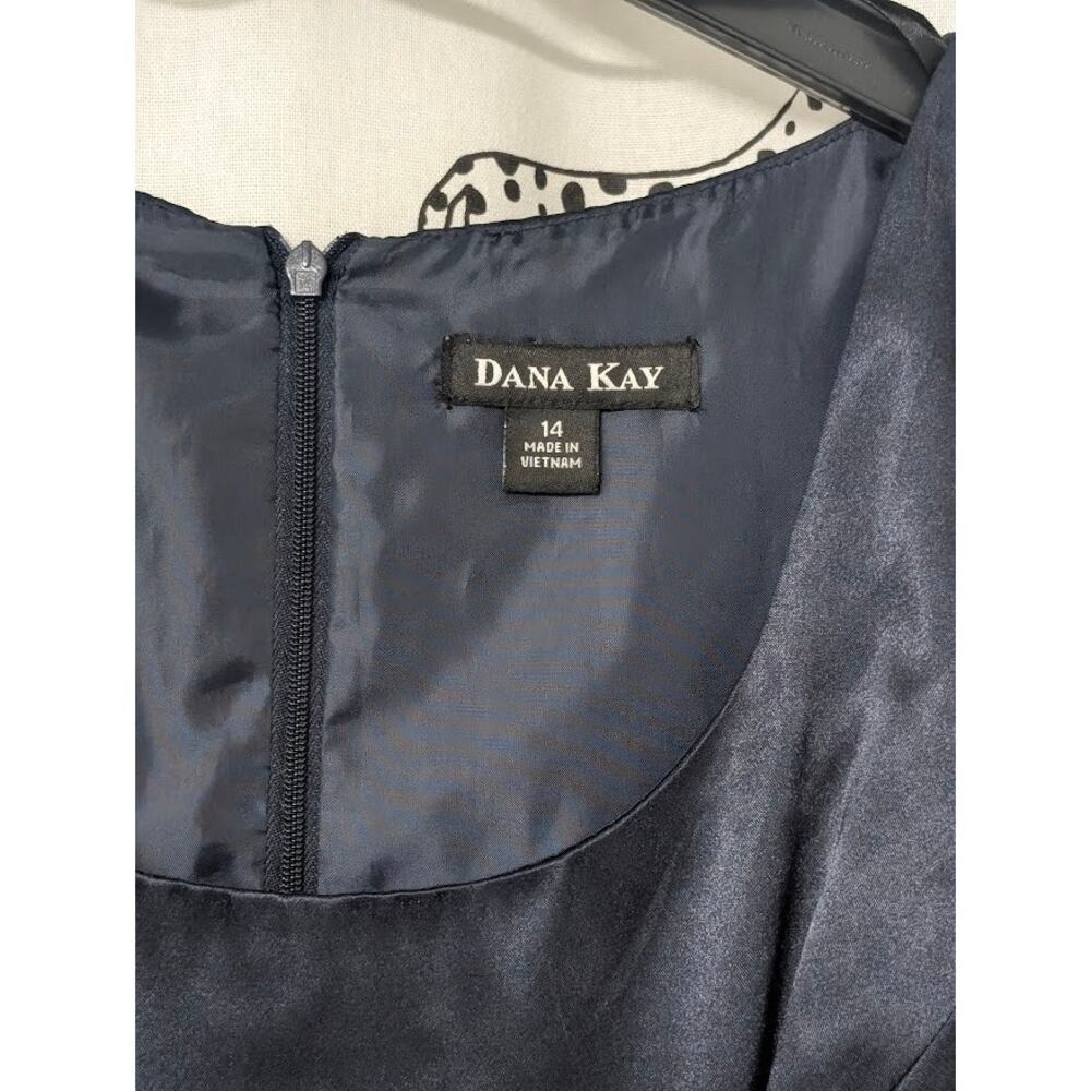 Dana Kay Navy Satin Evening Gown Tiered Dress Womens 14 Sheer Overlay Cocktail - Picture 4 of 7